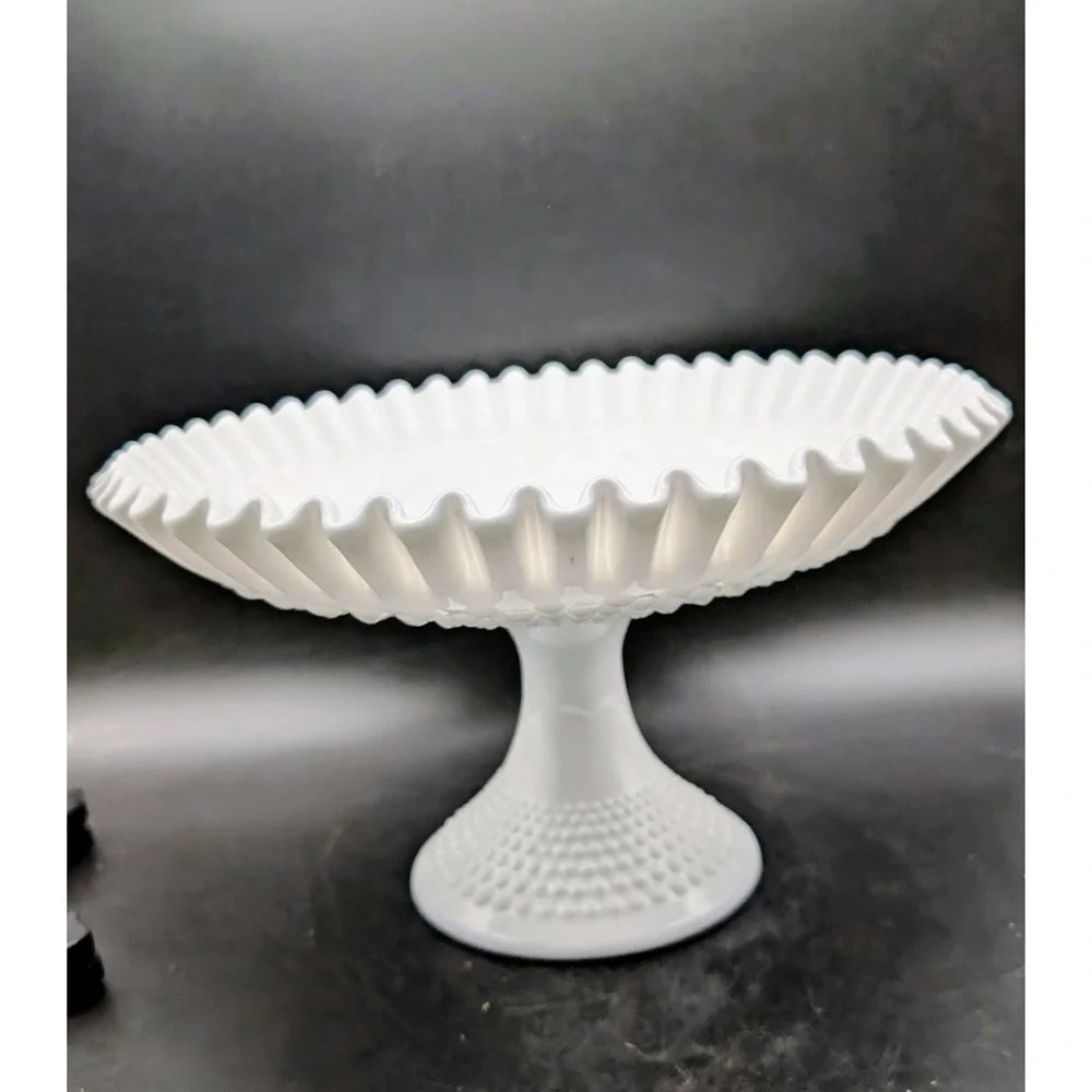 Fenton White‎ Milk Glass Hobnail Pedestal Compote Bowl Crimped Ruffle Edge